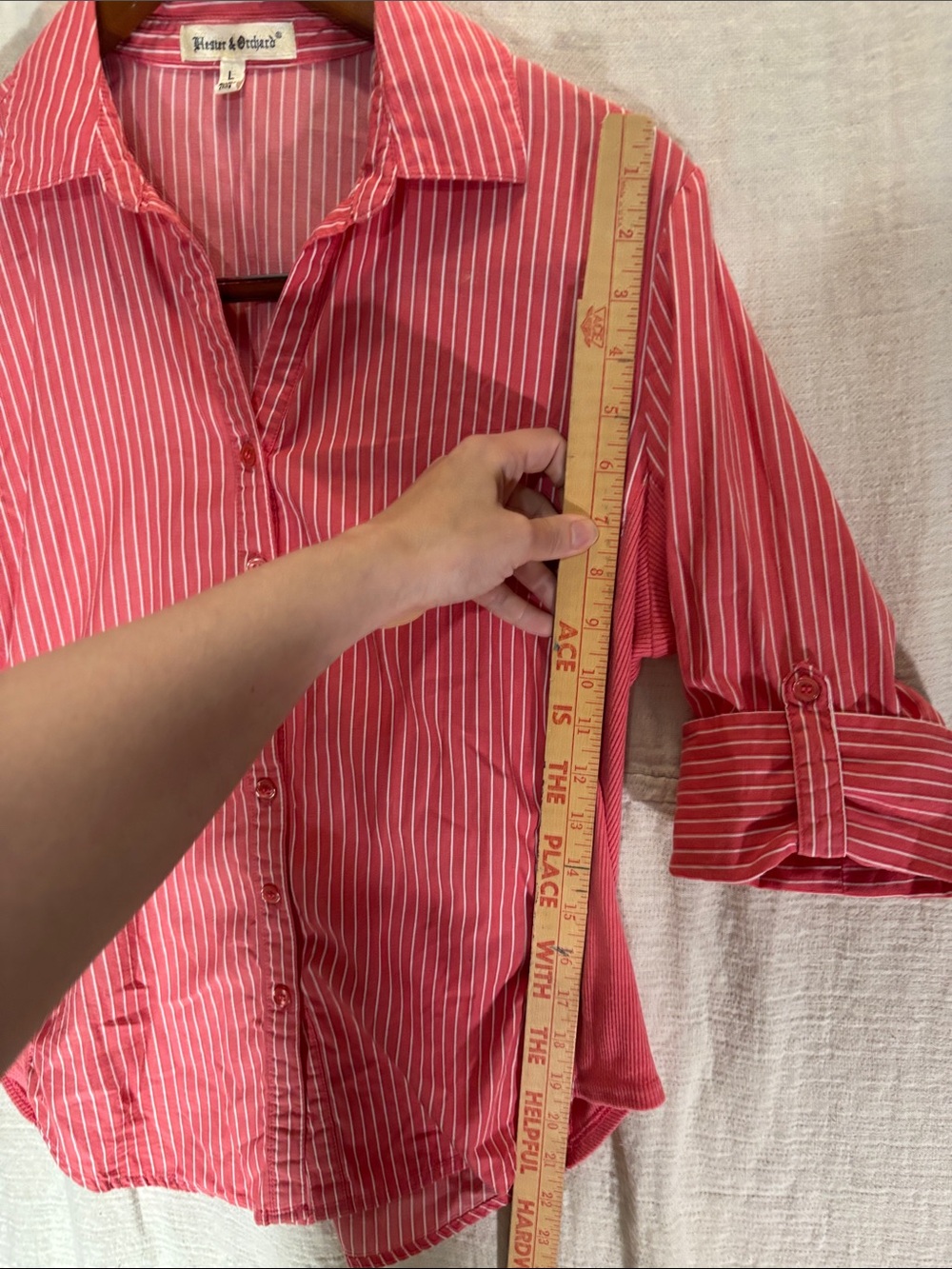 Hester & Orchard Coral Striped Button Down Size L 100% Cotton Stretch Sides EUC - Picture 5 of 9